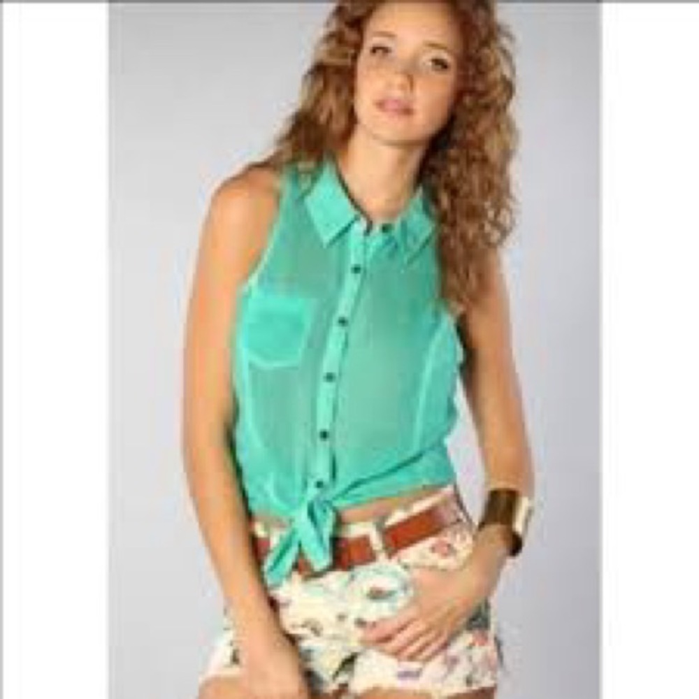 Free People Green Sheer Sleeveless Blouse